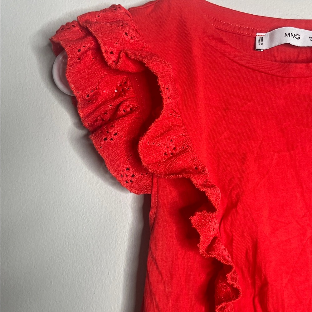 Red Ruffle Sleeve Women's Tee - Picture 3 of 5